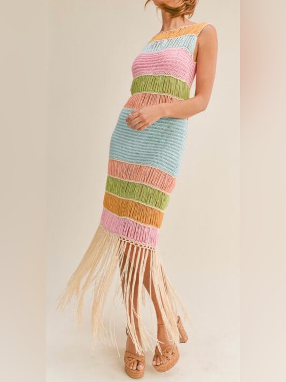 Crochet Fringed Striped Knit Midi Dress in Multicolor - Picture 7 of 10